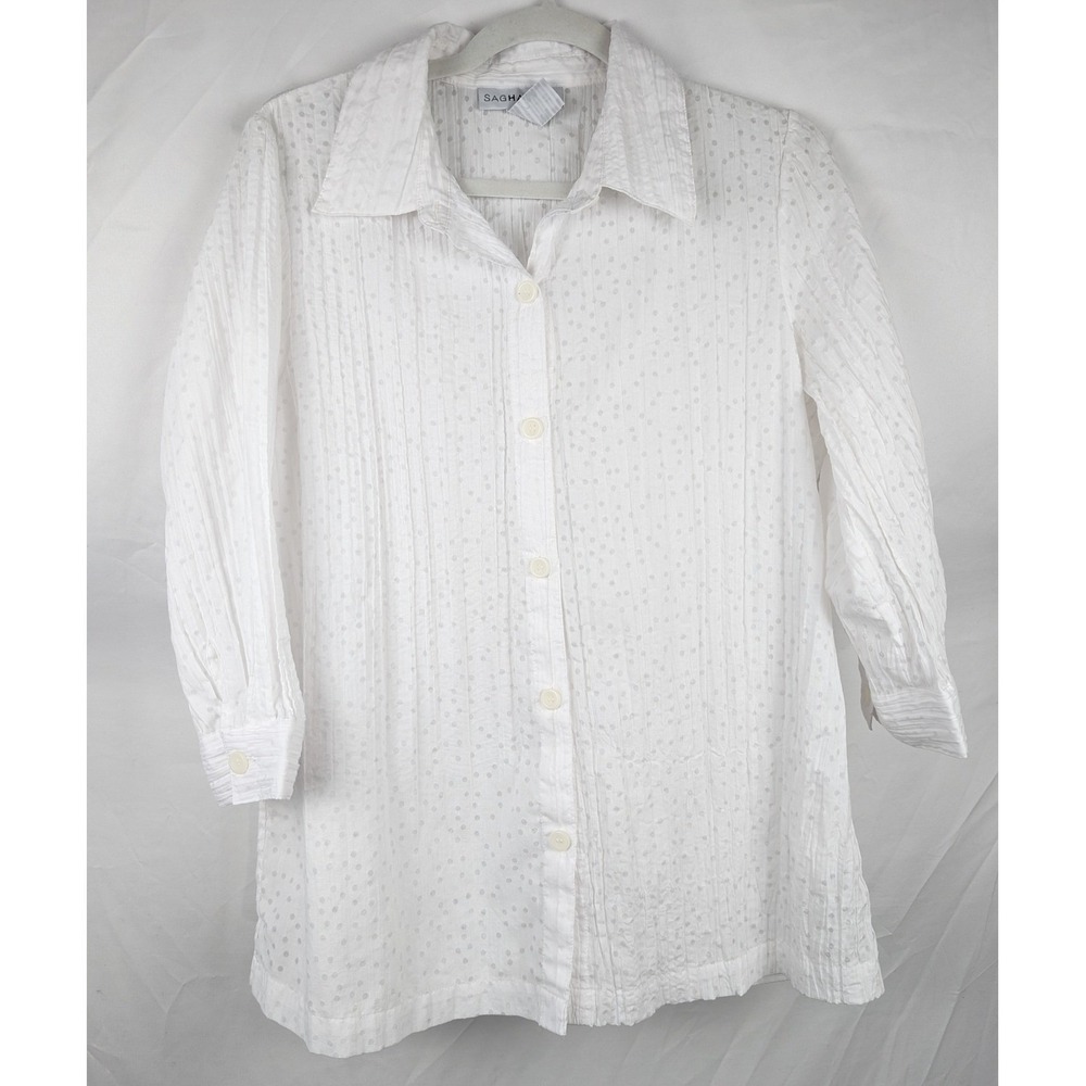 Polka Dot Textured Button Up Top Size M White Long Sleeve Coquette Coastal Gauze - Picture 3 of 10